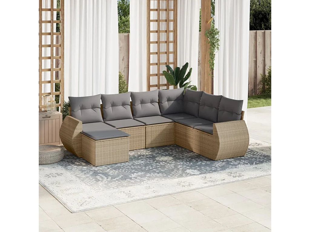 Salon de jardin avec coussins 7 pcs beige résine tressée