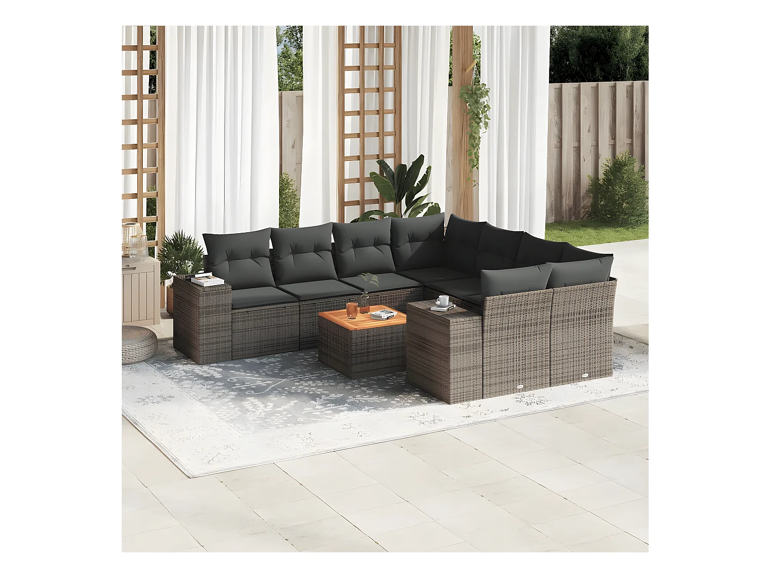 Salon de jardin 9 pcs avec coussins gris résine tressée