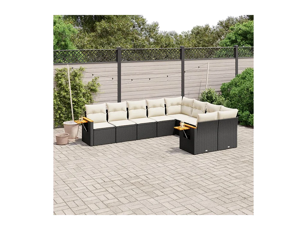 Salon de jardin 9 pcs avec coussins noir résine tressée