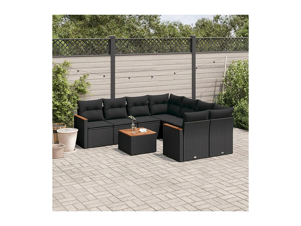 Salon de jardin 9 pcs avec coussins noir résine tressée