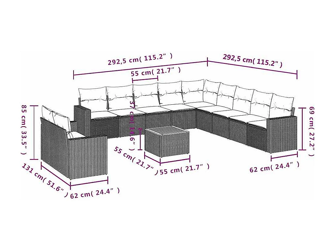 Salon de jardin 12 pcs avec coussins noir résine tressée