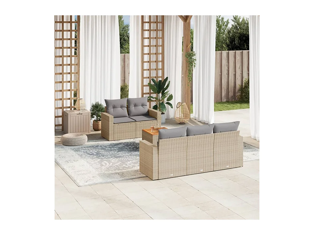 6-delige Loungeset met kussens poly rattan gemengd beige
