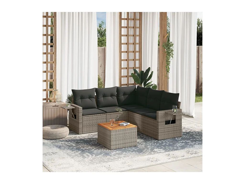 6-delige Loungeset met kussens poly rattan grijs