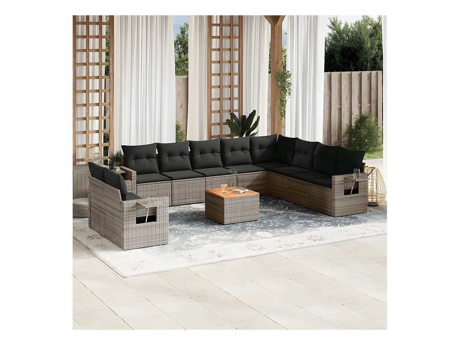 Salon de jardin 11 pcs avec coussins gris résine tressée