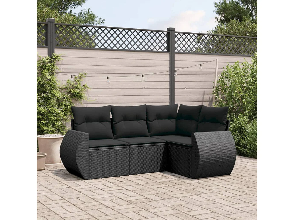 4 pcs conjunto de sofás para jardim c/ almofadões vime PE preto