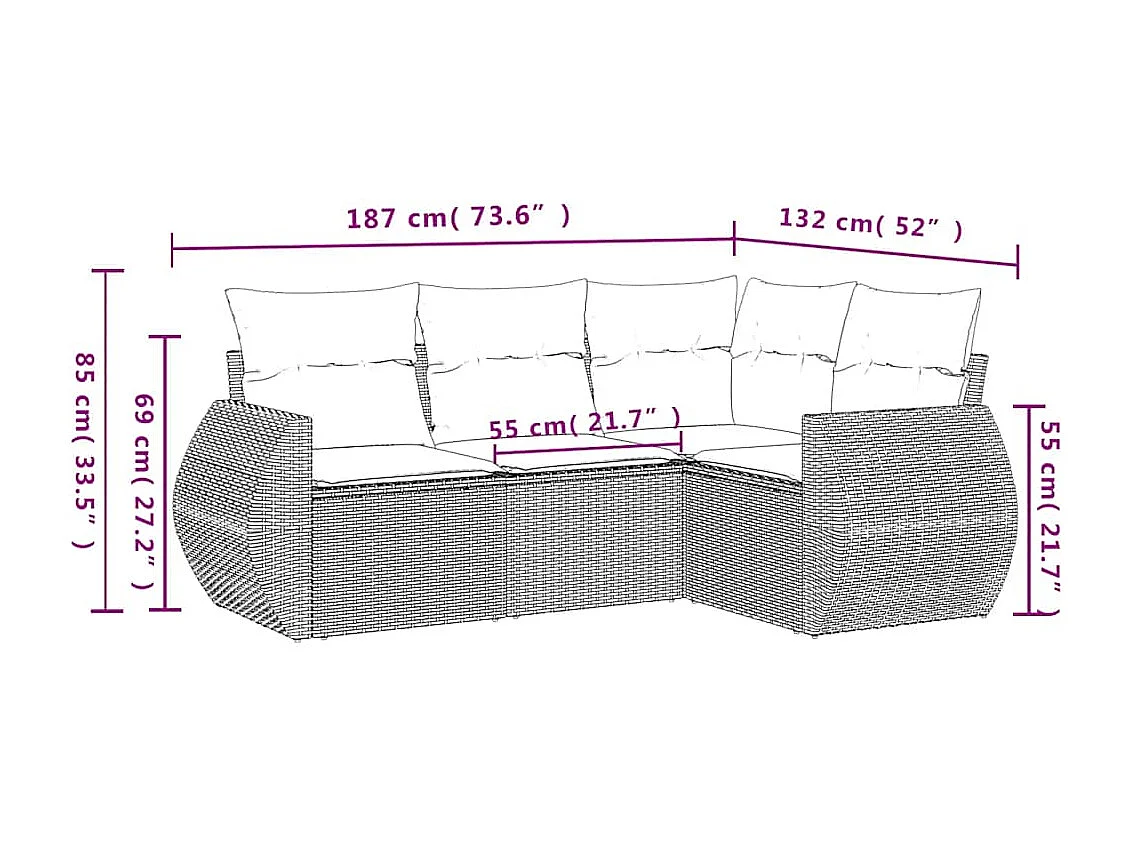 4 pcs conjunto de sofás para jardim c/ almofadões vime PE preto