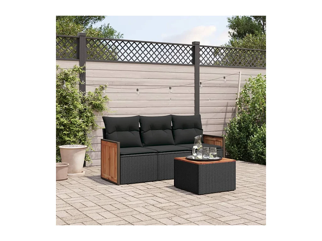 Set Divani da Giardino 4 pz con Cuscini Nero in Polyrattan