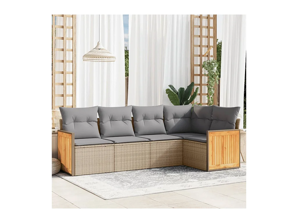 5-tlg. Garten-Sofagarnitur mit Kissen Beige Poly Rattan