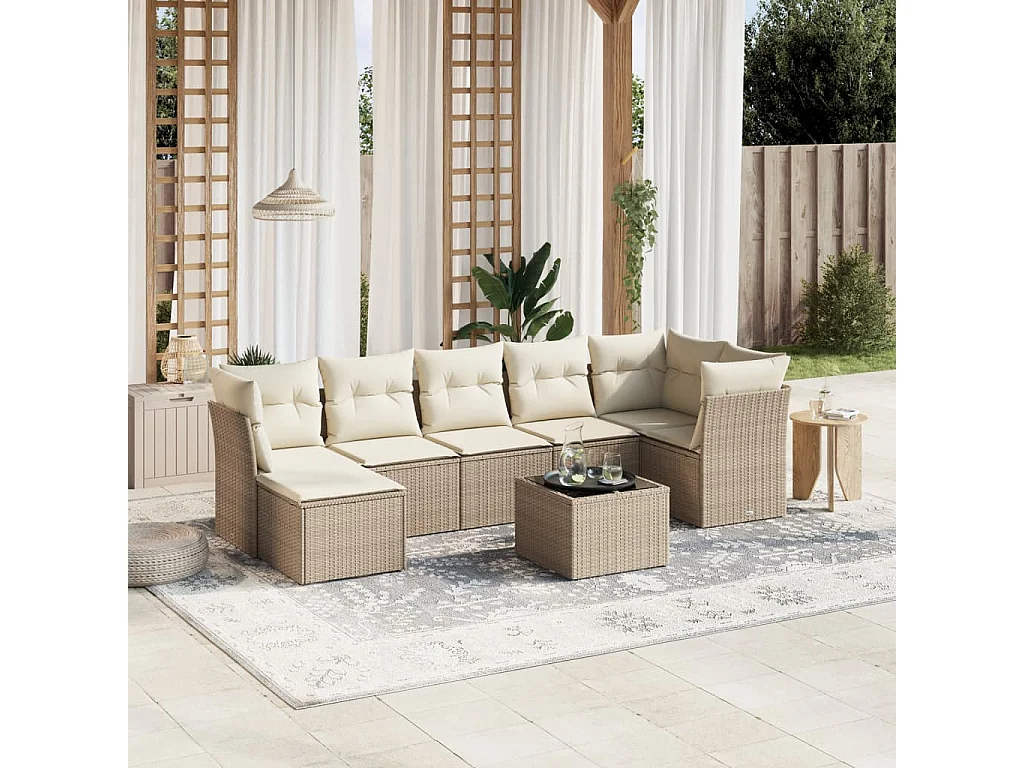 8-tlg. Garten-Sofagarnitur mit Kissen Beige Poly Rattan