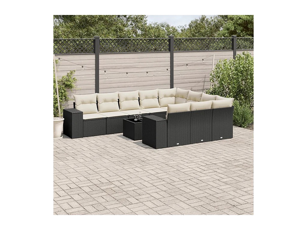 Salon de jardin 11 pcs avec coussins noir résine tressée