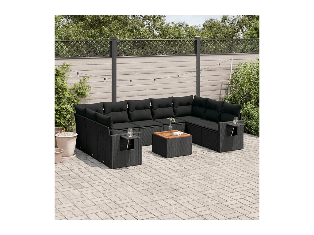 Salon de jardin 10 pcs avec coussins noir résine tressée