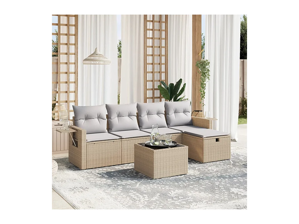6-delige Loungeset met kussens poly rattan gemengd beige