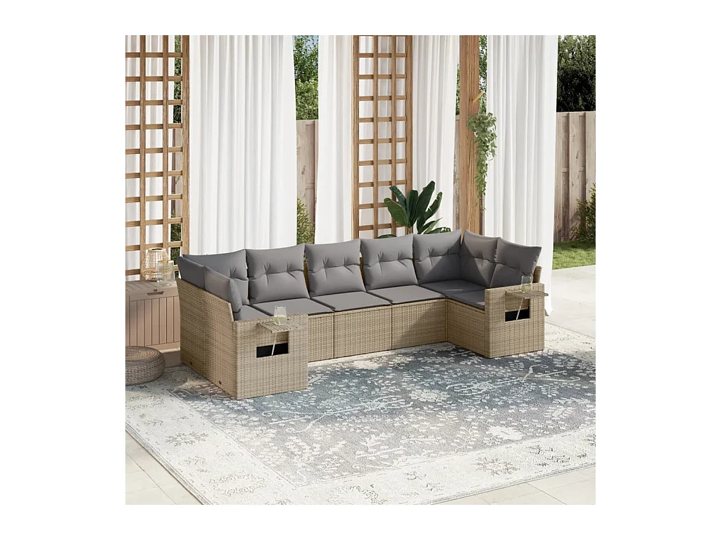 Set Divani da Giardino 7 pz con Cuscini Beige in Polyrattan