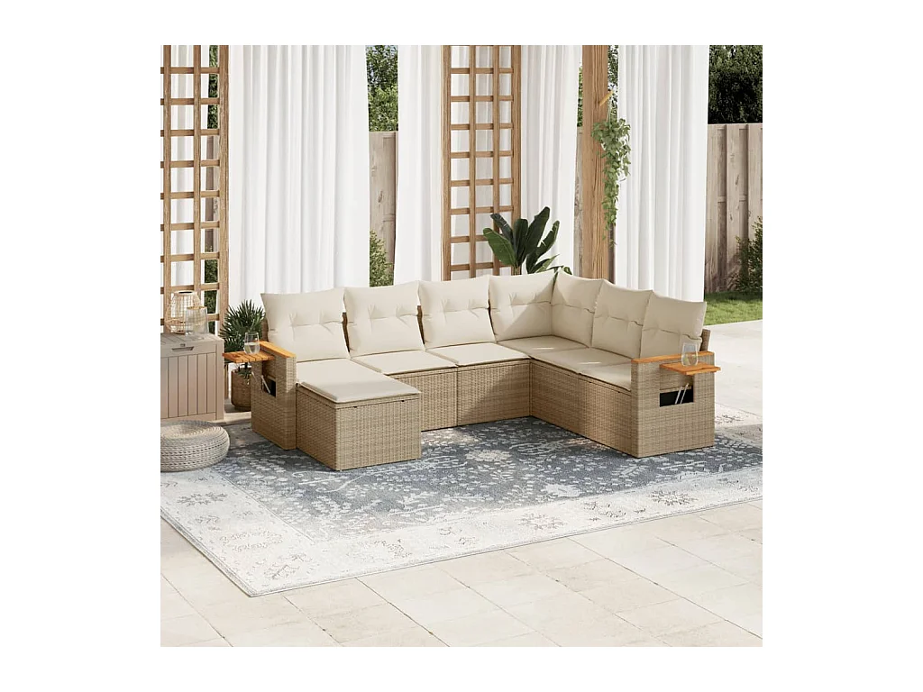 Set sofás de jardín 7 piezas y cojines ratán sintético beige