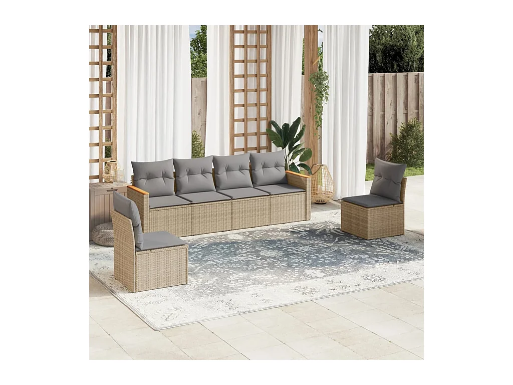 6-tlg. Garten-Sofagarnitur mit Kissen Beige Poly Rattan