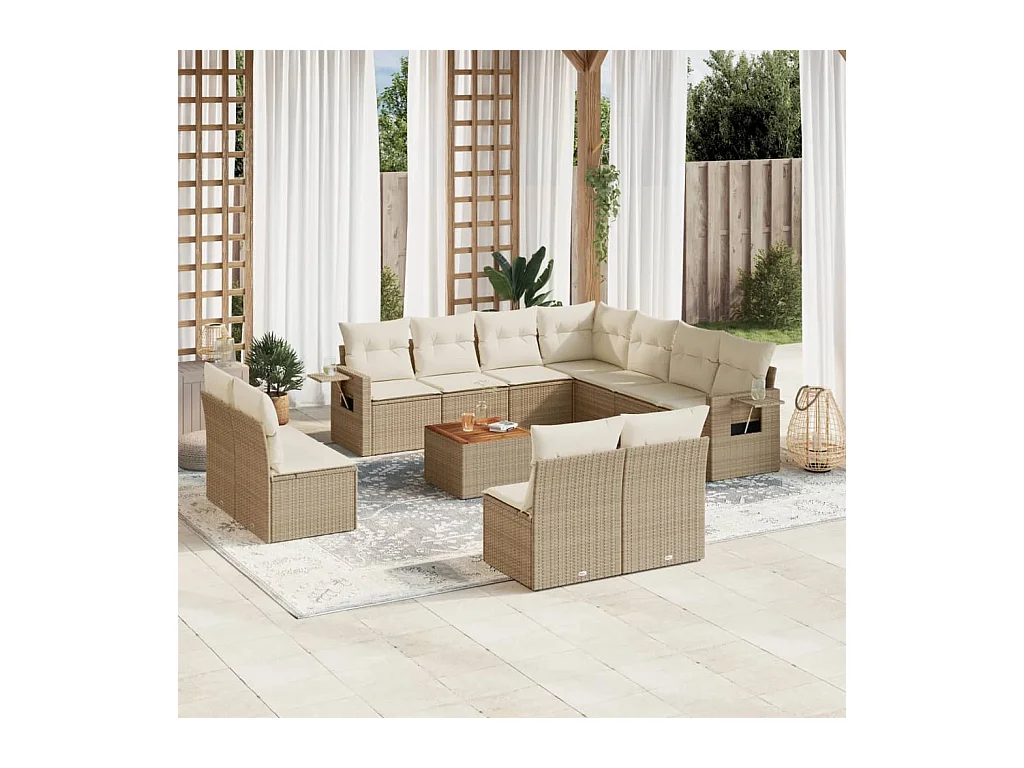 Salon de jardin avec coussins 12 pcs beige résine tressée