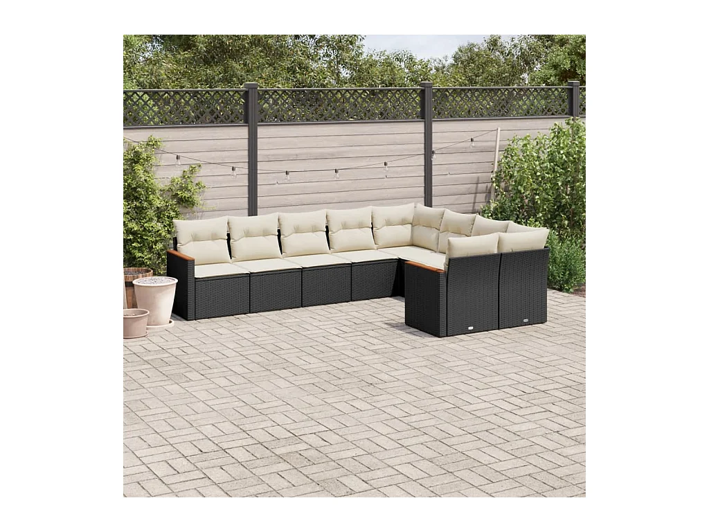 Salon de jardin 9 pcs avec coussins noir résine tressée