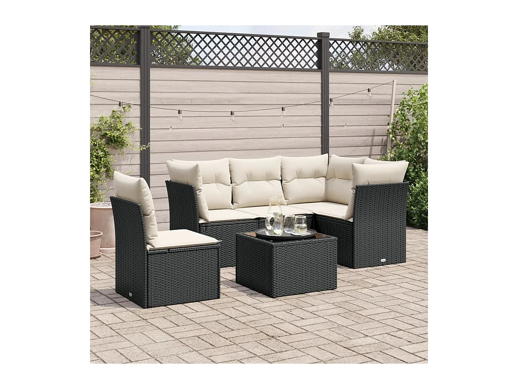 6-delige Loungeset met kussens poly rattan zwart