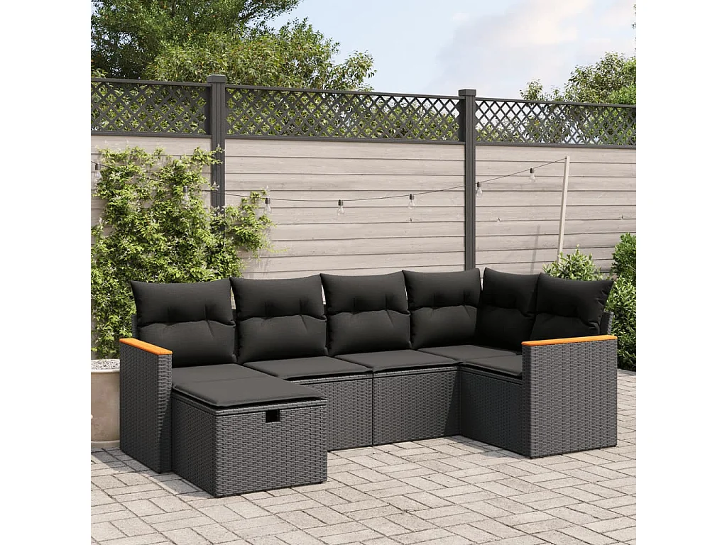 Salon de jardin 6 pcs avec coussins noir résine tressée