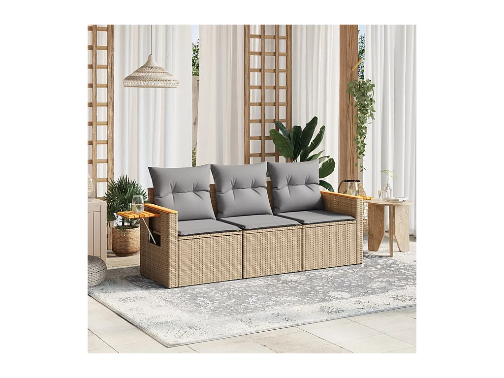 Set Divano da Giardino 3 pz con Cuscini Beige in Polyrattan