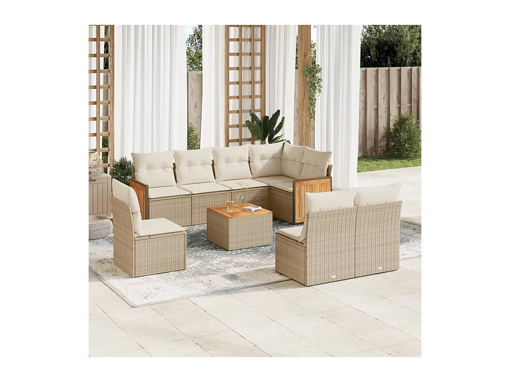 Set de sofás de jardín 9 pzas con cojines ratán sintético beige