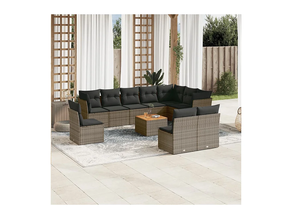 Set Divani da Giardino 11 pz con Cuscini in Polyrattan Grigio