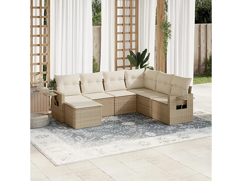 Set Divani da Giardino 7 pz con Cuscini Beige in Polyrattan