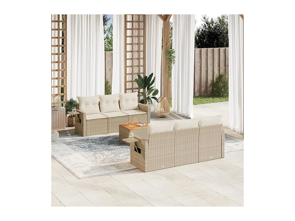 7-delige Loungeset met kussens poly rattan beige