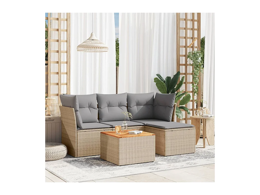 5-tlg. Garten-Sofagarnitur mit Kissen Beige Poly Rattan