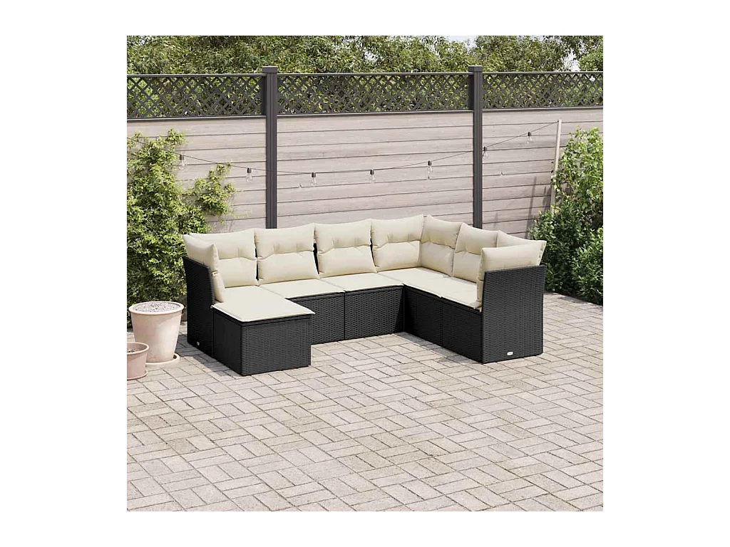 Set de comedor de jardín 7 pzas y cojines ratán sintético negro