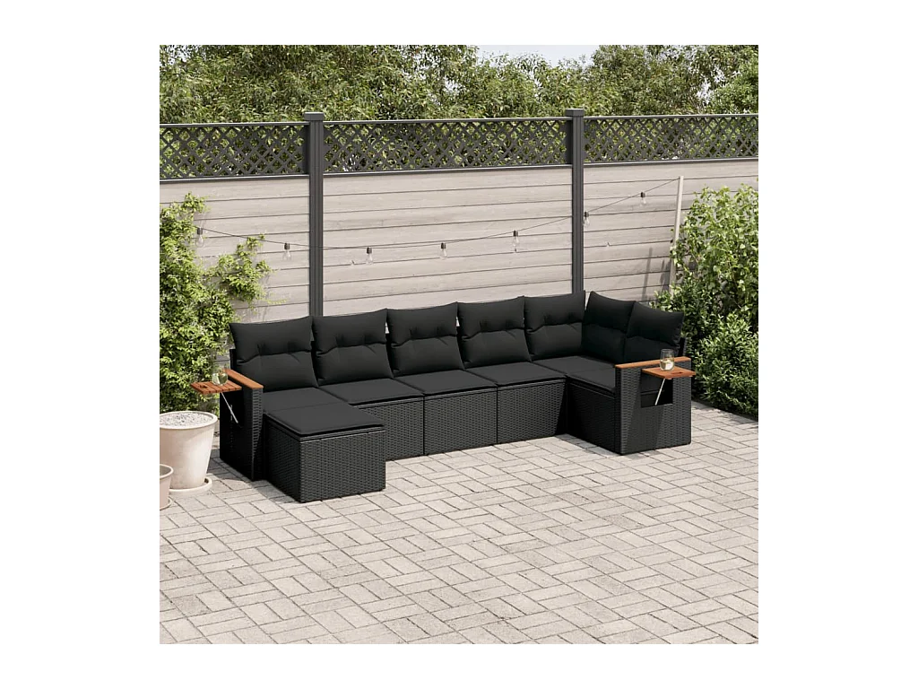Salon de jardin 7 pcs avec coussins noir résine tressée