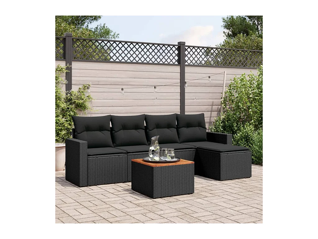 6-delige Loungeset met kussens poly rattan zwart