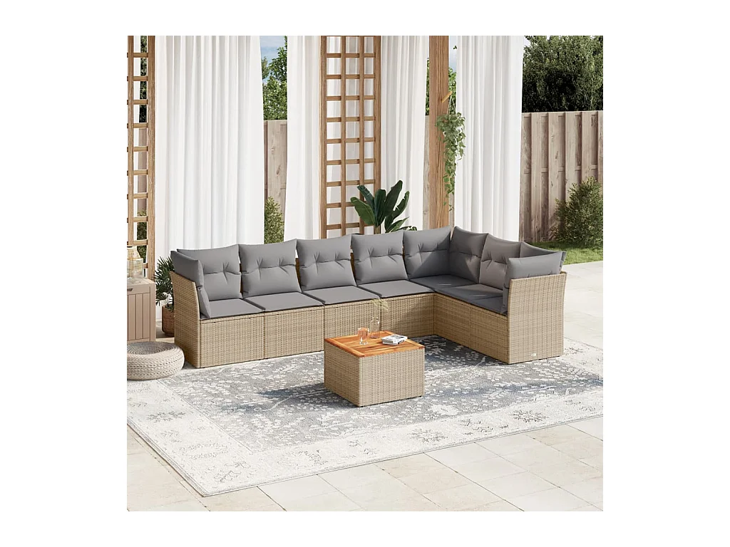 8 pcs conj. sofás jardim c/ almofadões vime PE bege misturado