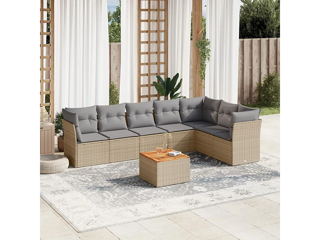 Set Divano da Giardino 8 pz con Cuscini Beige Misto Polyrattan