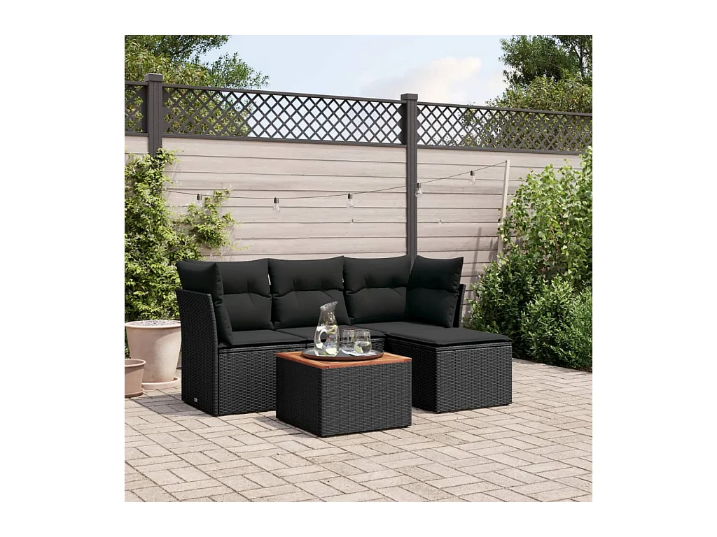5-tlg. Garten-Sofagarnitur mit Kissen Schwarz Poly Rattan