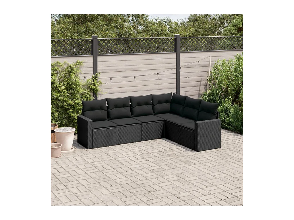 6-delige Loungeset met kussens poly rattan zwart