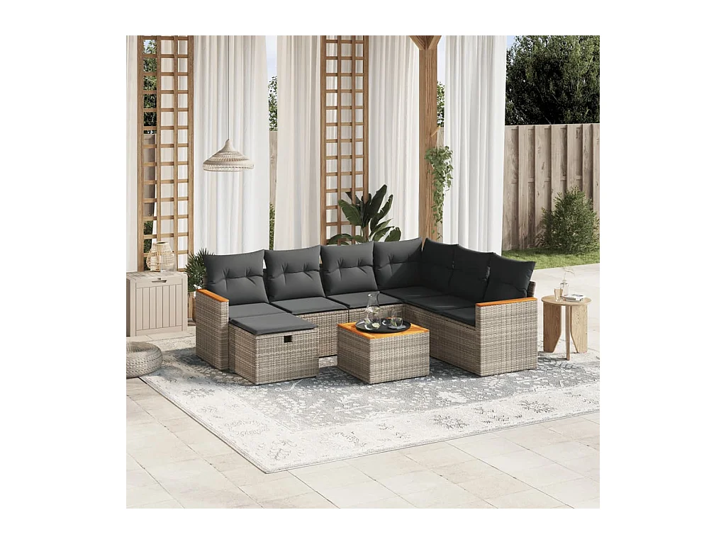 Salon de jardin 8 pcs avec coussins gris résine tressée