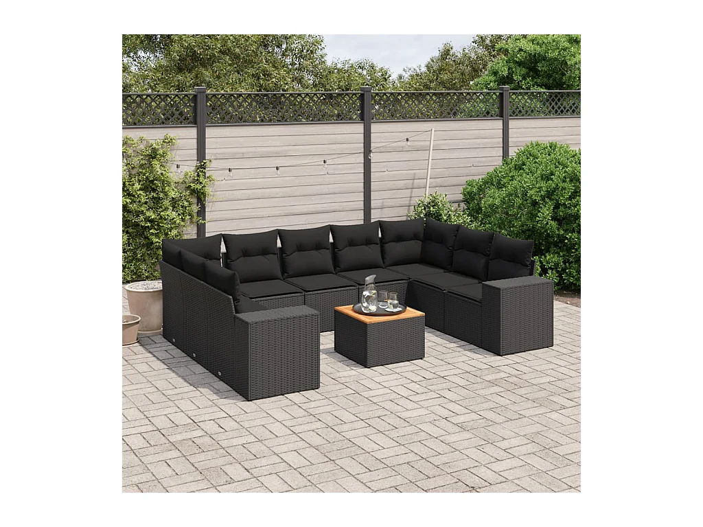 Set Divani da Giardino 10pz con Cuscini in Polyrattan Nero