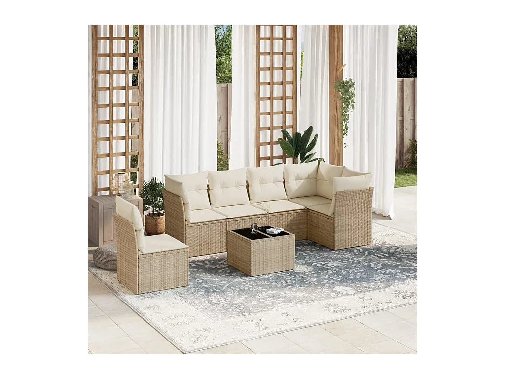 Salon de jardin avec coussins 7 pcs beige résine tressée