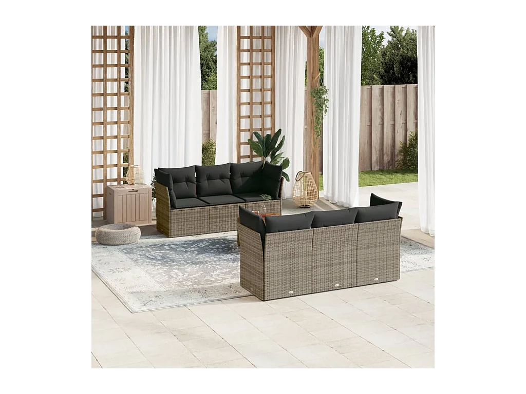 Salon de jardin avec coussins 7 pcs gris résine tressée