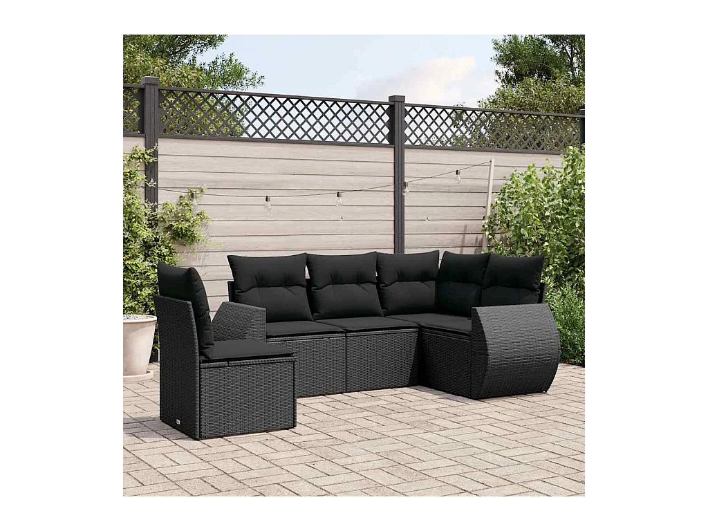 5-delige Loungeset met kussens poly rattan zwart