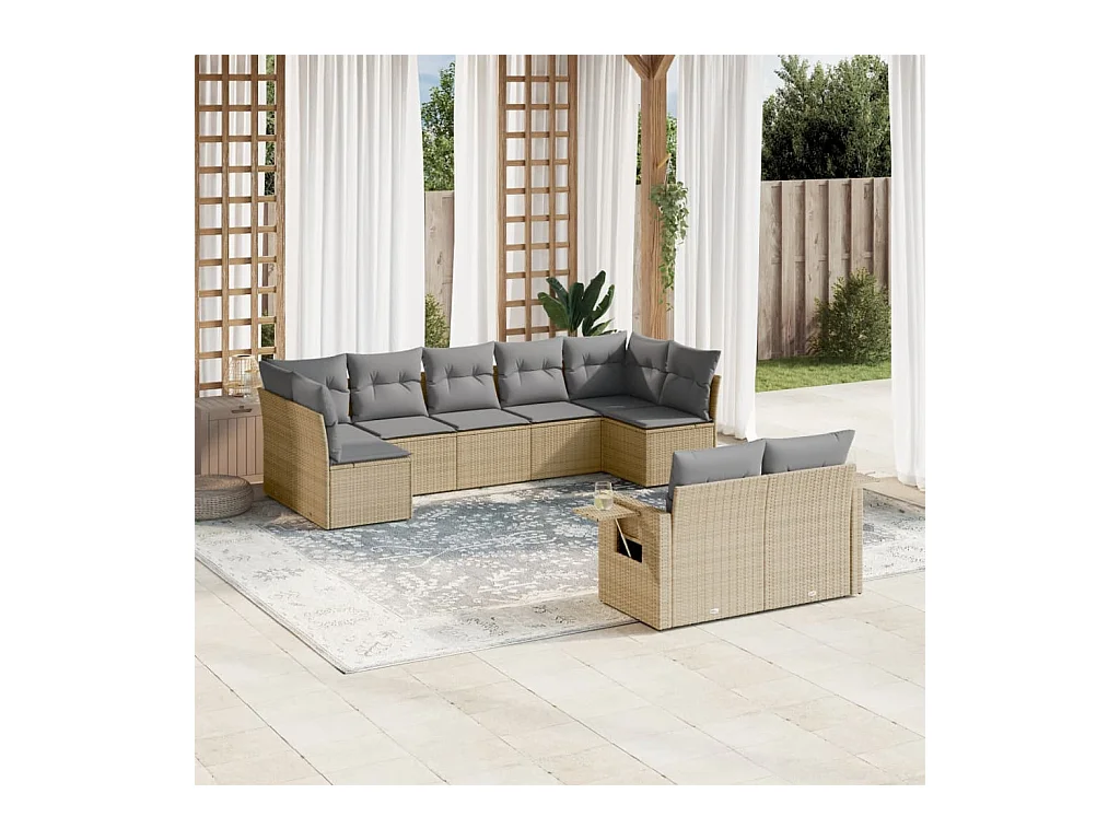 9-delige Loungeset met kussens poly rattan beige