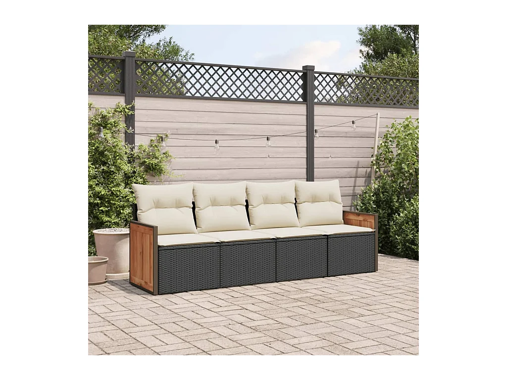 4-delige Loungeset met kussens poly rattan zwart