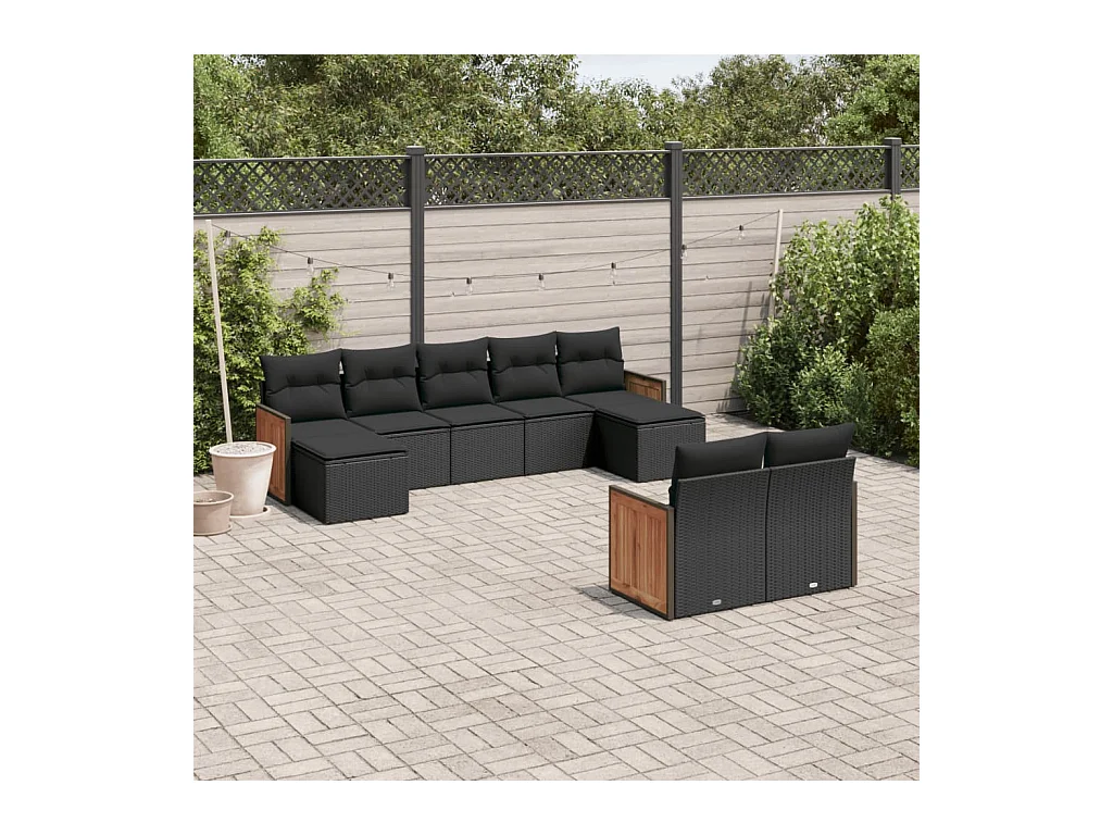 Set Divani da Giardino 9 pz con Cuscini Nero in Polyrattan