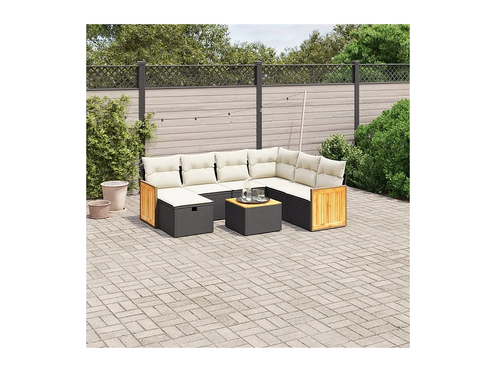 8-delige Loungeset met kussens poly rattan zwart