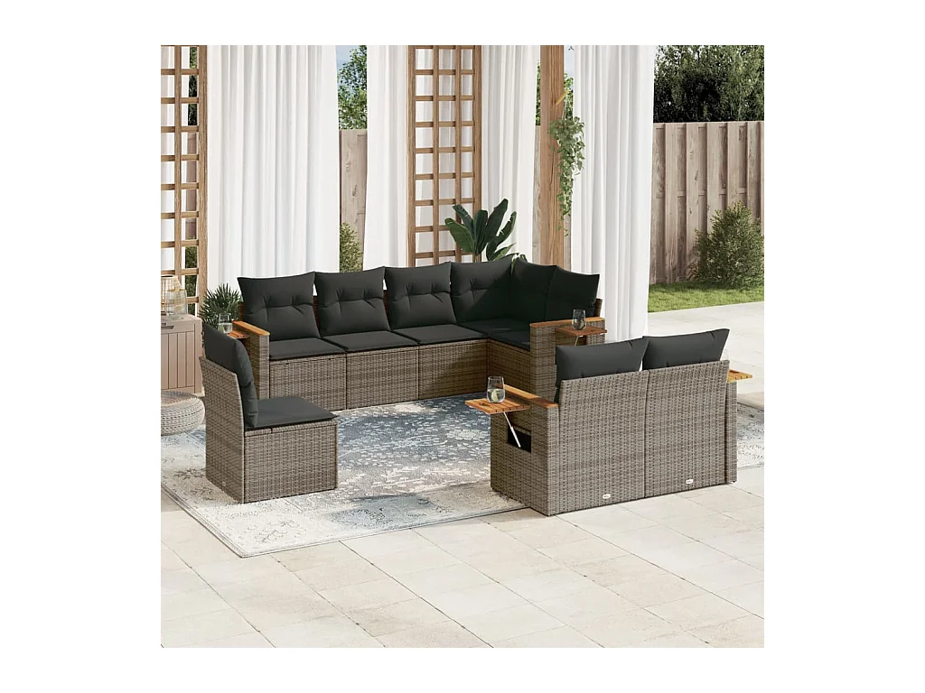 Salon de jardin 8 pcs avec coussins gris résine tressée