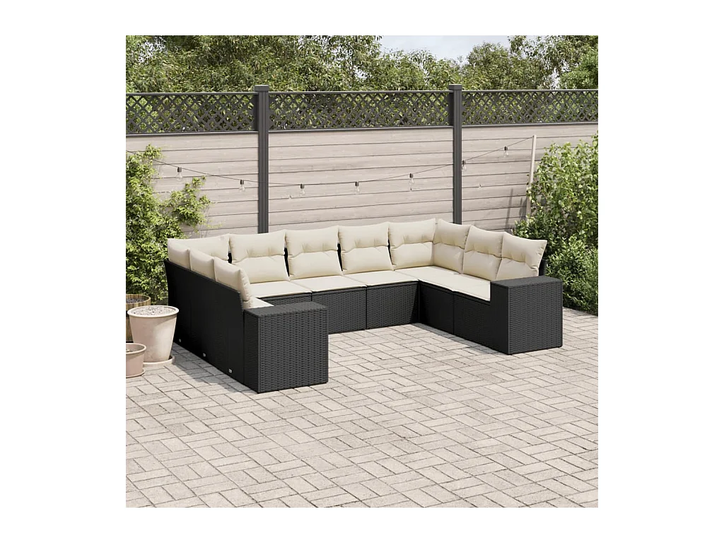 Salon de jardin 9 pcs avec coussins noir résine tressée