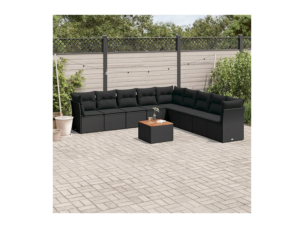 Salon de jardin 10 pcs avec coussins noir résine tressée