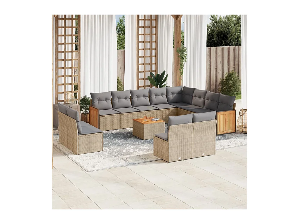 Set Divano da Giardino 13 pz con Cuscini Beige in Polyrattan