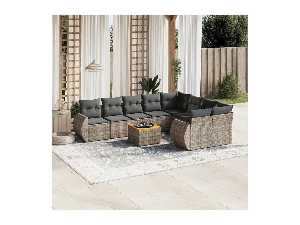 10-delige Loungeset met kussens poly rattan grijs